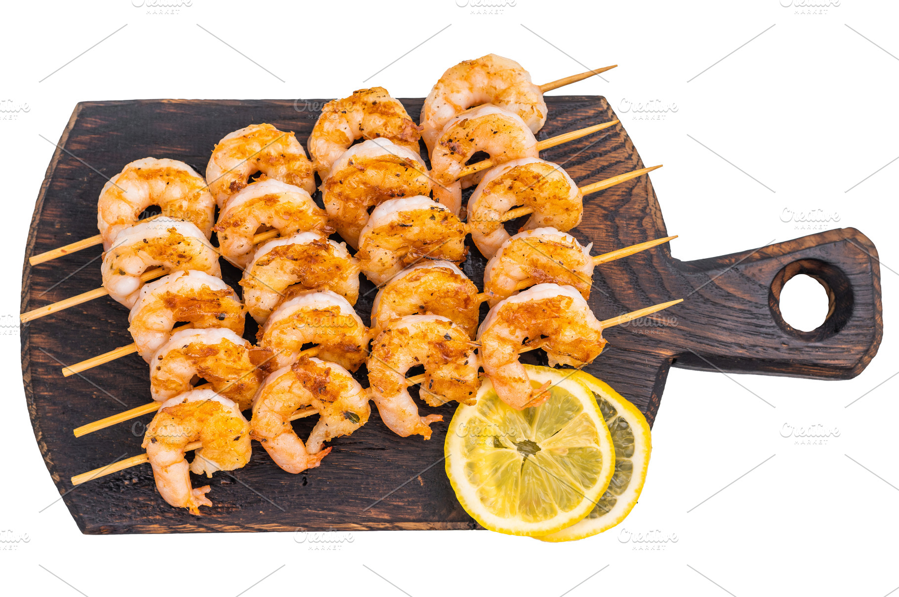 Grilled shrimp skewers served on a rustic dark cutting board wit, a Food & Drink Photo by composter-box@mail.ru