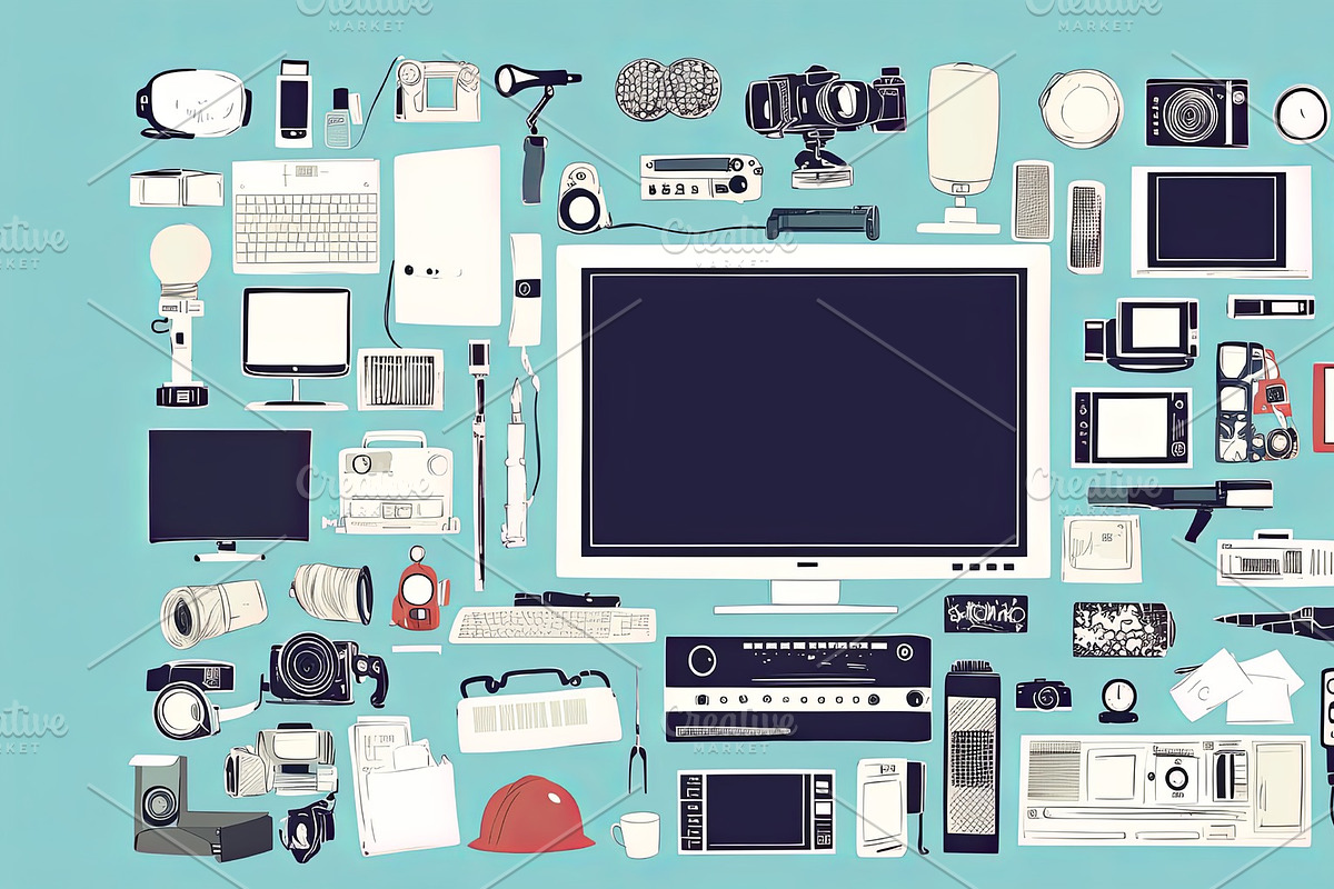 Collection of digital devices and electronics presented in a neat flat lay arra, an Illustration by AS photostudio