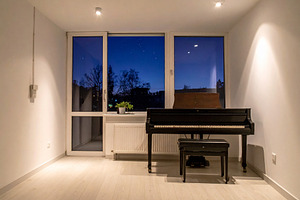 Minimal room with piano and night sky, an Architecture Photo by DanFLCreativo