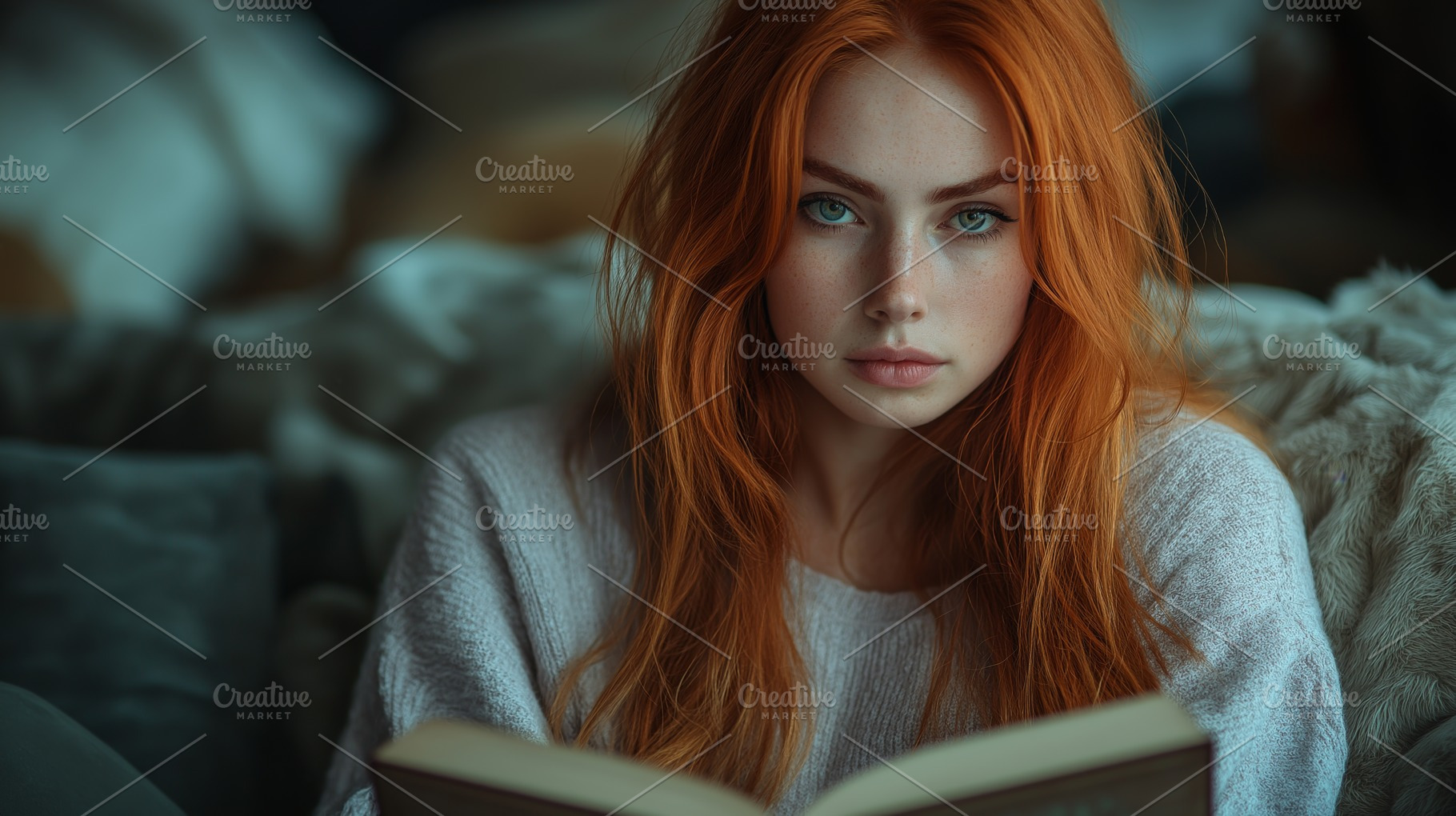 A young Caucasian woman with striking red hair is deeply engrossed in a book, s, a Person Photo by ImageMir