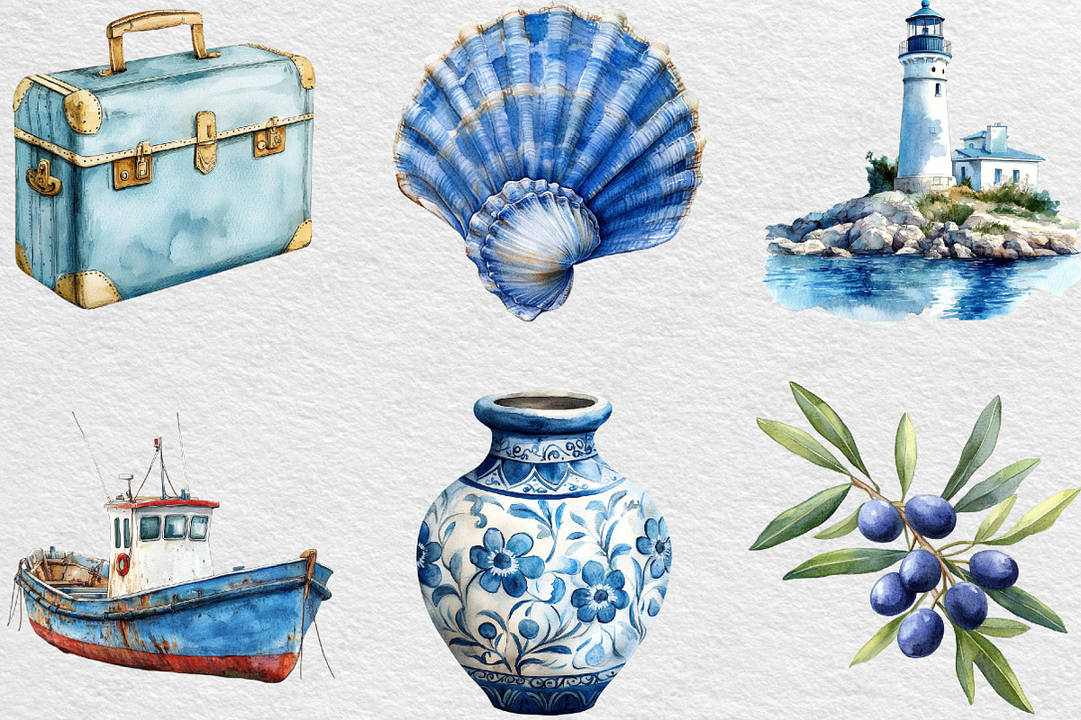 Blue Summer Mediterranean Clipart, an Illustration by Black Bird Studio (Photo 3 of 6)