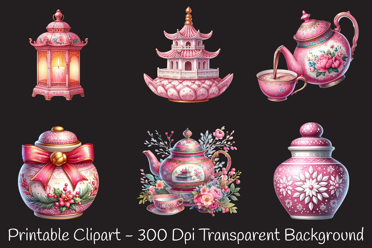 Pink Chinoiseries Christmas Clipart, an Illustration by RobertsArt (Photo 3 of 7)
