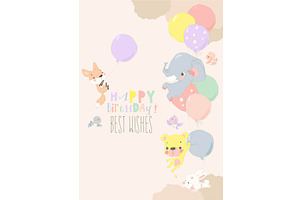 Cartoon Happy Animals flying with, an Animal Illustration by Maria Starus