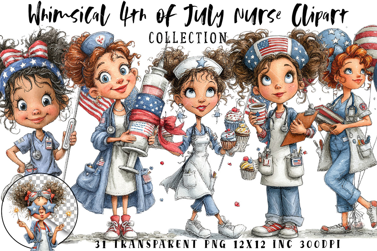 Whimsical 4th of July Nurse Clipart, an Illustration by OK Design (Photo 1 of 6)