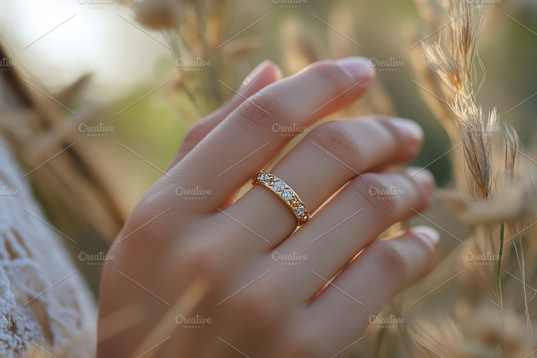 Elegant finger adorned with a luxurious wedding ring in a natural setting, a Beauty & Fashion Photo by AlyaAnd