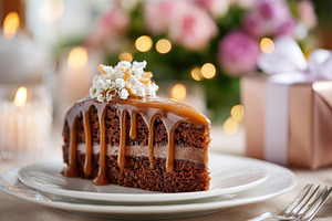 Delicious chocolate sponge cake slice topped with caramel and flowers served in, a Food & Drink Photo by AlyaAnd