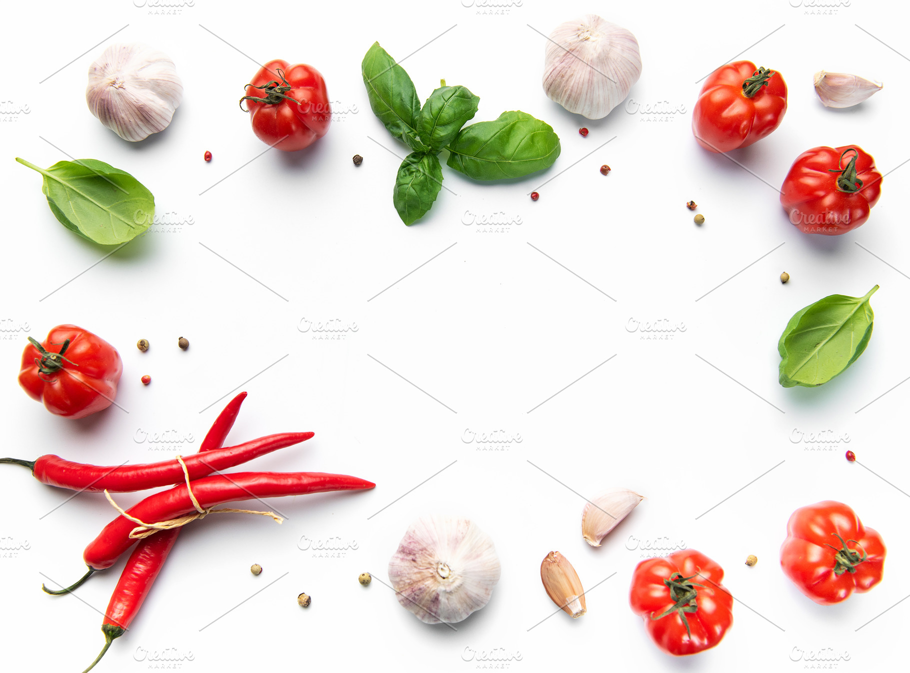 Fresh cooking ingredients creating a vibrant flavorful border, a Food & Drink Photo by Olena Rudo