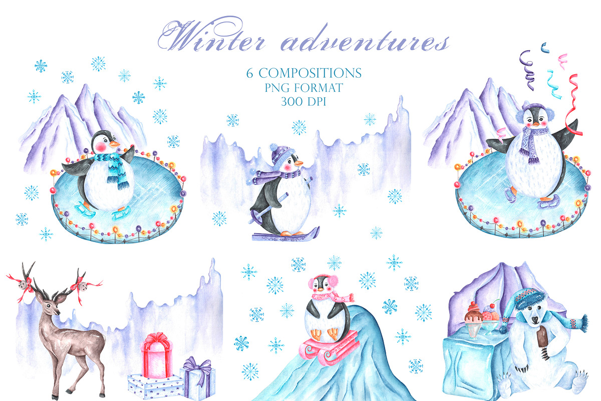 Winter adventures watercolor set., a Seasonal Illustration by SabinaWatercolorArt (Photo 3 of 17)