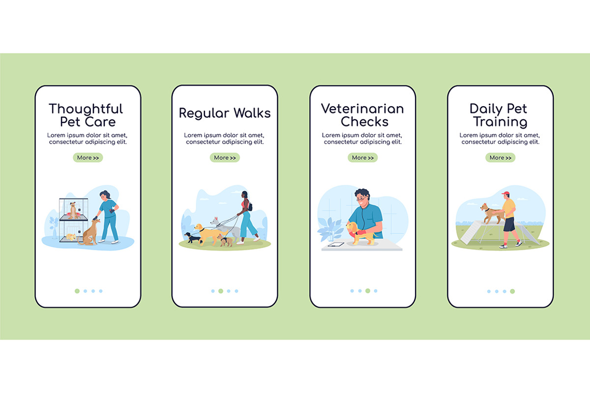 Dog care mobile app screen pages, a Templates & Theme by IMG visuals characters