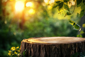 Unique wooden trunk podium for product display in a lush green setting during s, a Background Photo by AlyaAnd
