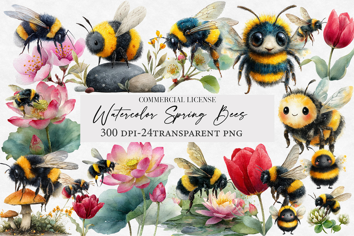 Watercolor Spring Bees Clipart, an Illustration by Designworld (Photo 1 of 6)