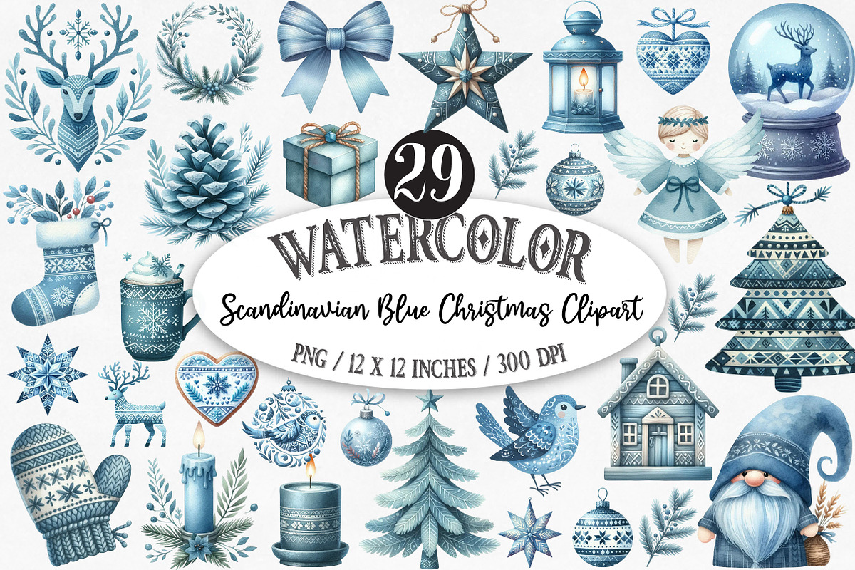 Scandinavian Blue Christmas Clipart, an Illustration by Designking (Photo 1 of 5)