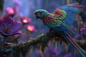 Vibrant Macaw Perched on Mossy Branc, a Photo by Pixeness Studio