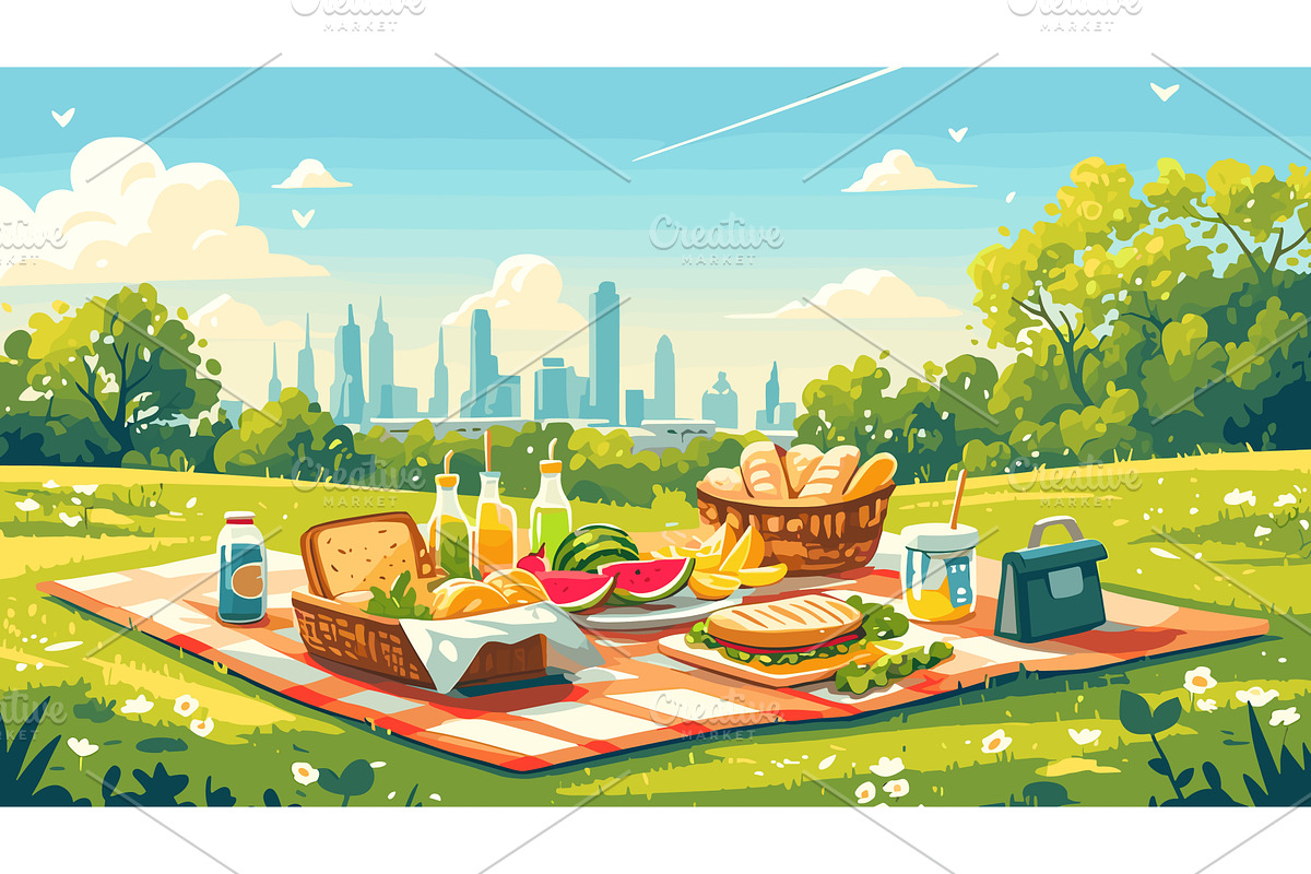 Picnic blanket park. Full basket, an Illustration by Stock-Smart-Start