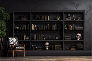 Black library with skulls and, an Arts & Entertainment Photo by Ylivdesign