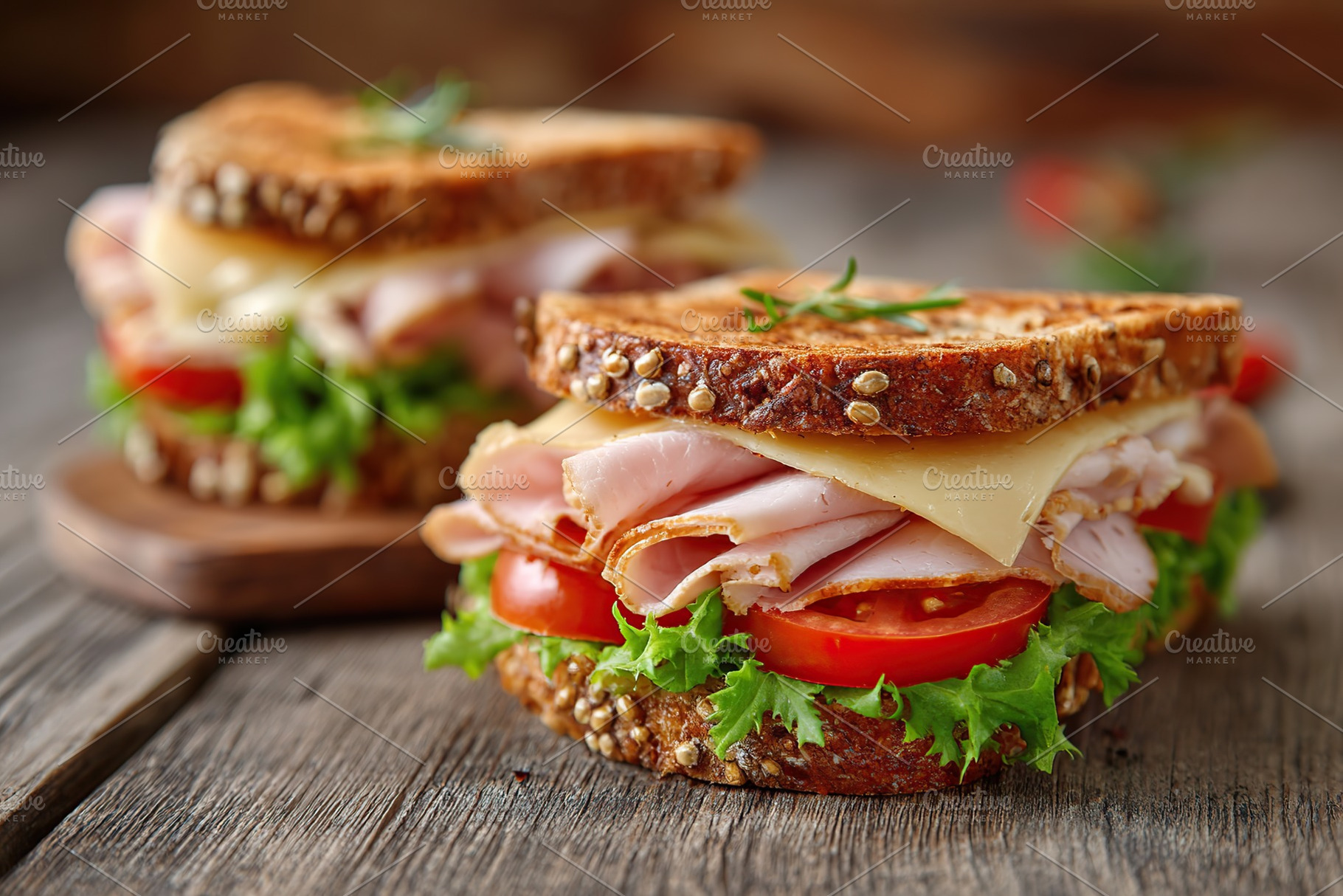 Delicious ham and melted cheese sandwiches served on fresh, toasted bread with, a Food & Drink Photo by AlyaAnd