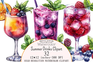 Watercolor Summer Drinks Clipart