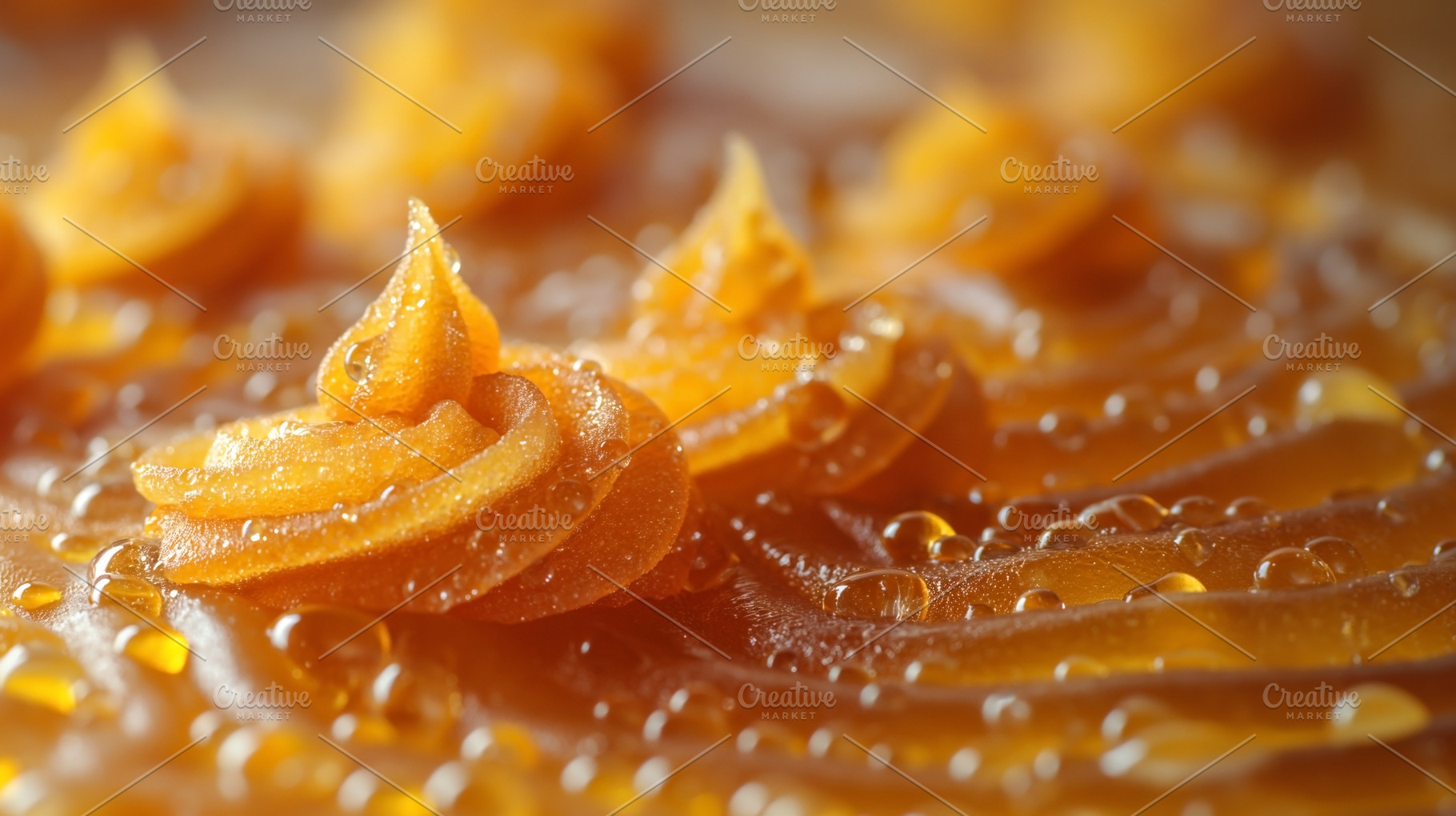 Close-up of delicate orange frosting swirls adorned with shimmer, a Food & Drink Photo by ImageMir