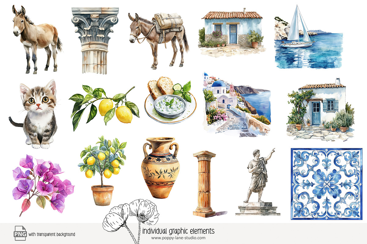 90 watercolour Greece clip art, a Seasonal Illustration by Poppy Lane Studio (Photo 7 of 12)