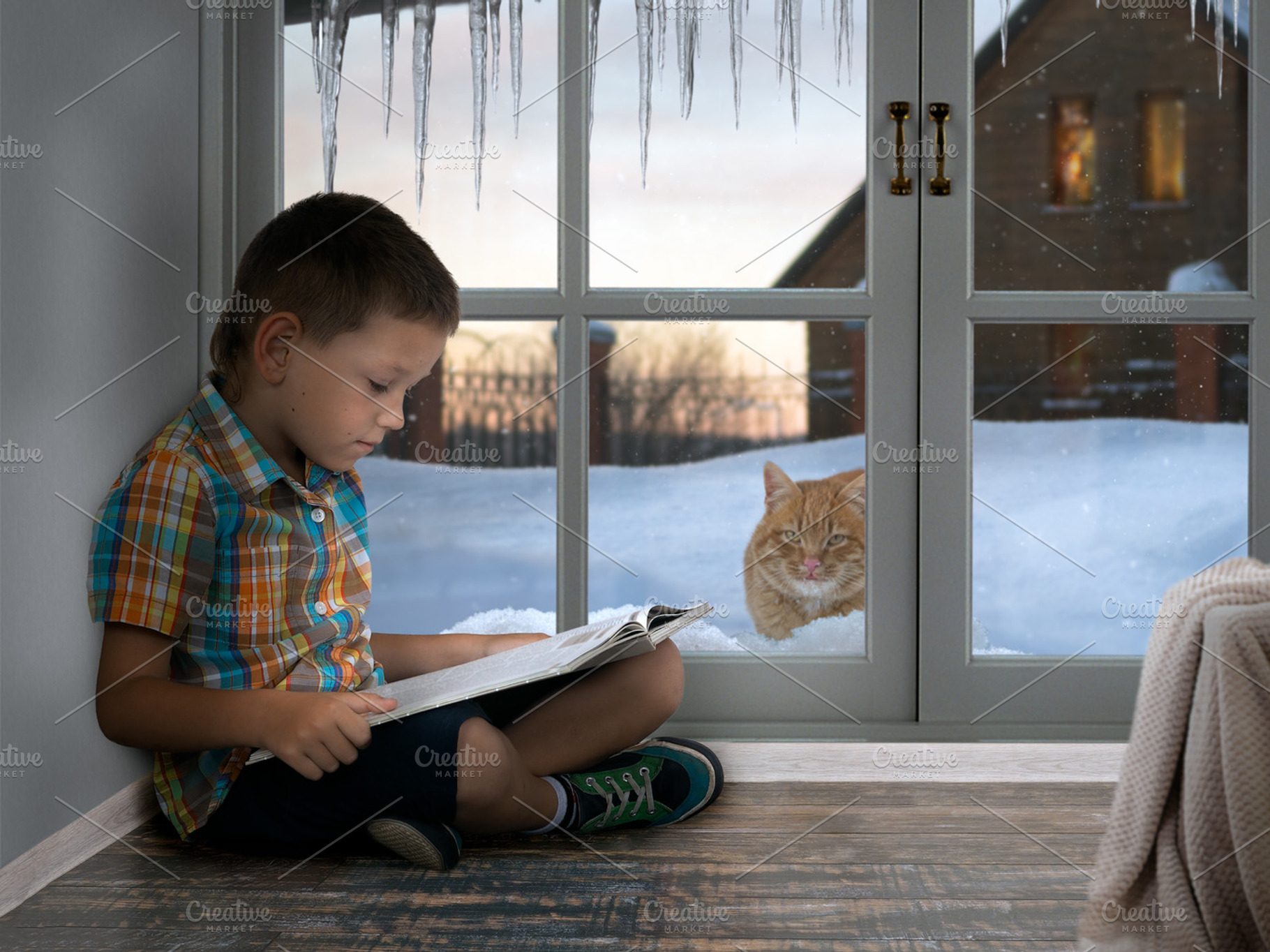 Boy reading a book. Winter outside, snow and icicles. The stray cat looks through a window in the house, a Person Photo by Kozorog