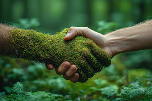 Handshake between a human and a moss-covered hand in a lush fore, a Nature Photo by José Manuel Gelpi
