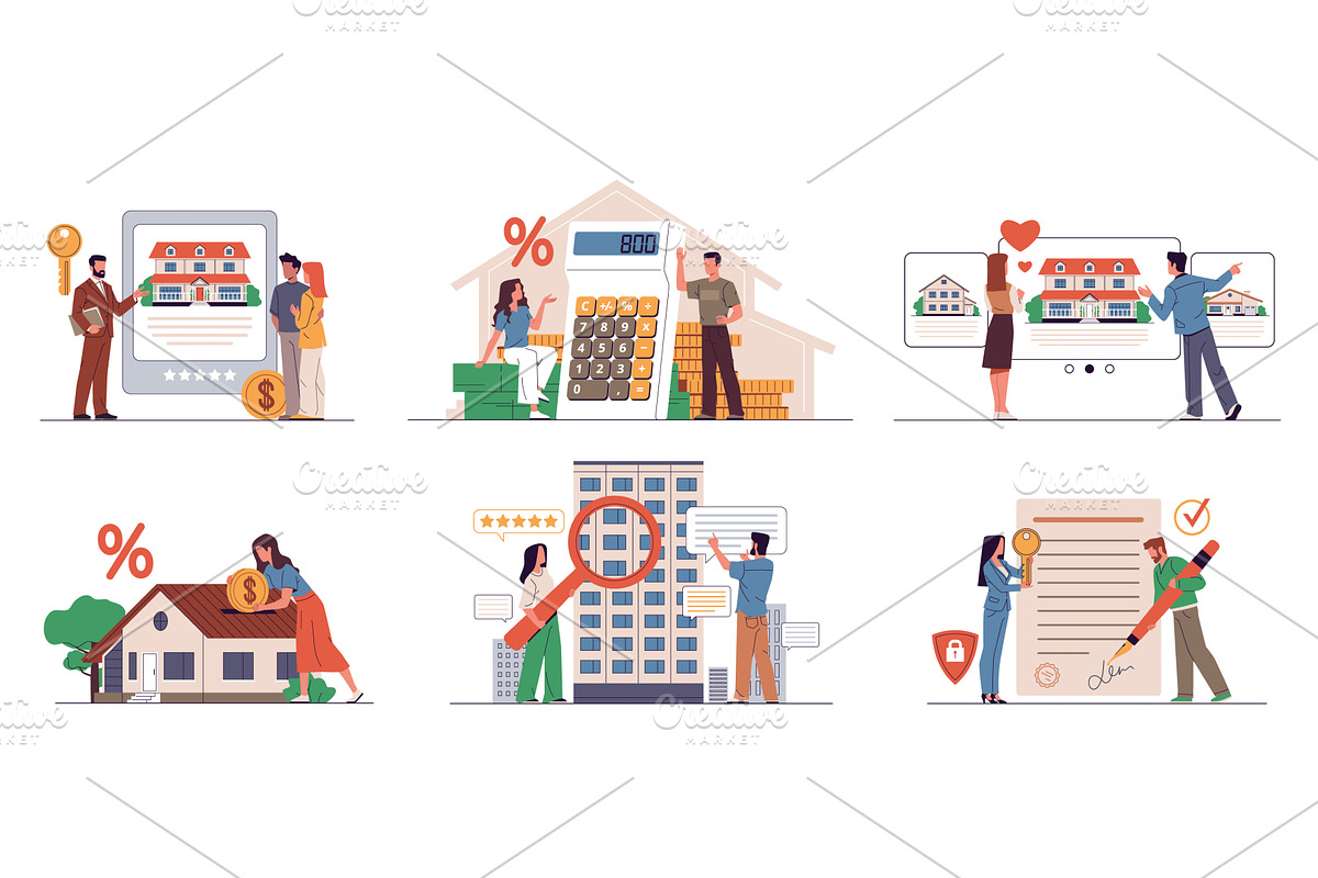 Mortgage credit scenes. People, a Finance Illustration by YummyBuum