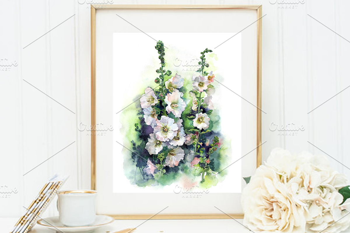 SALE! Watercolor Hollyhocks flowers, a Decorative Illustration by MaryAmi (Photo 2 of 3)