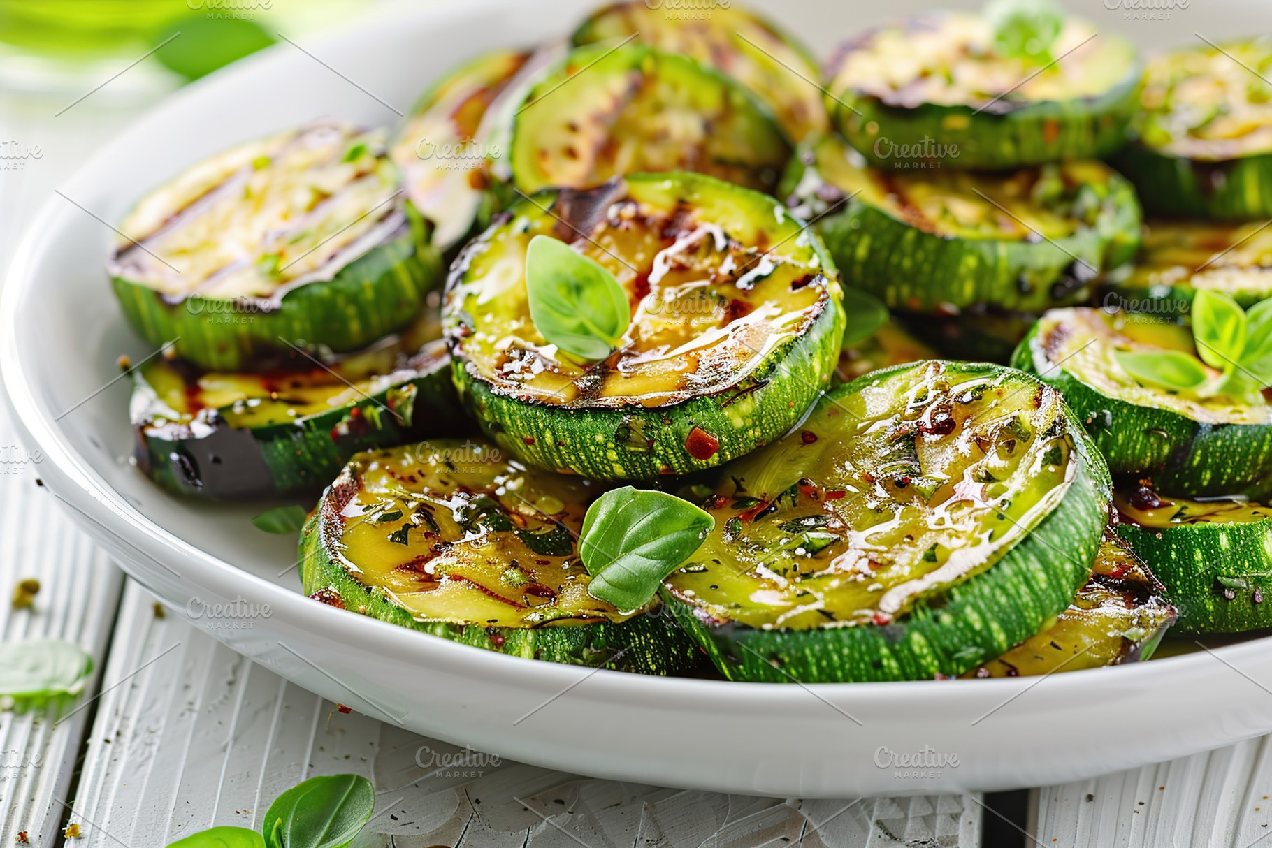Grilled zucchini pieces in plate on wooden table, a Food & Drink Photo by AlyaAnd