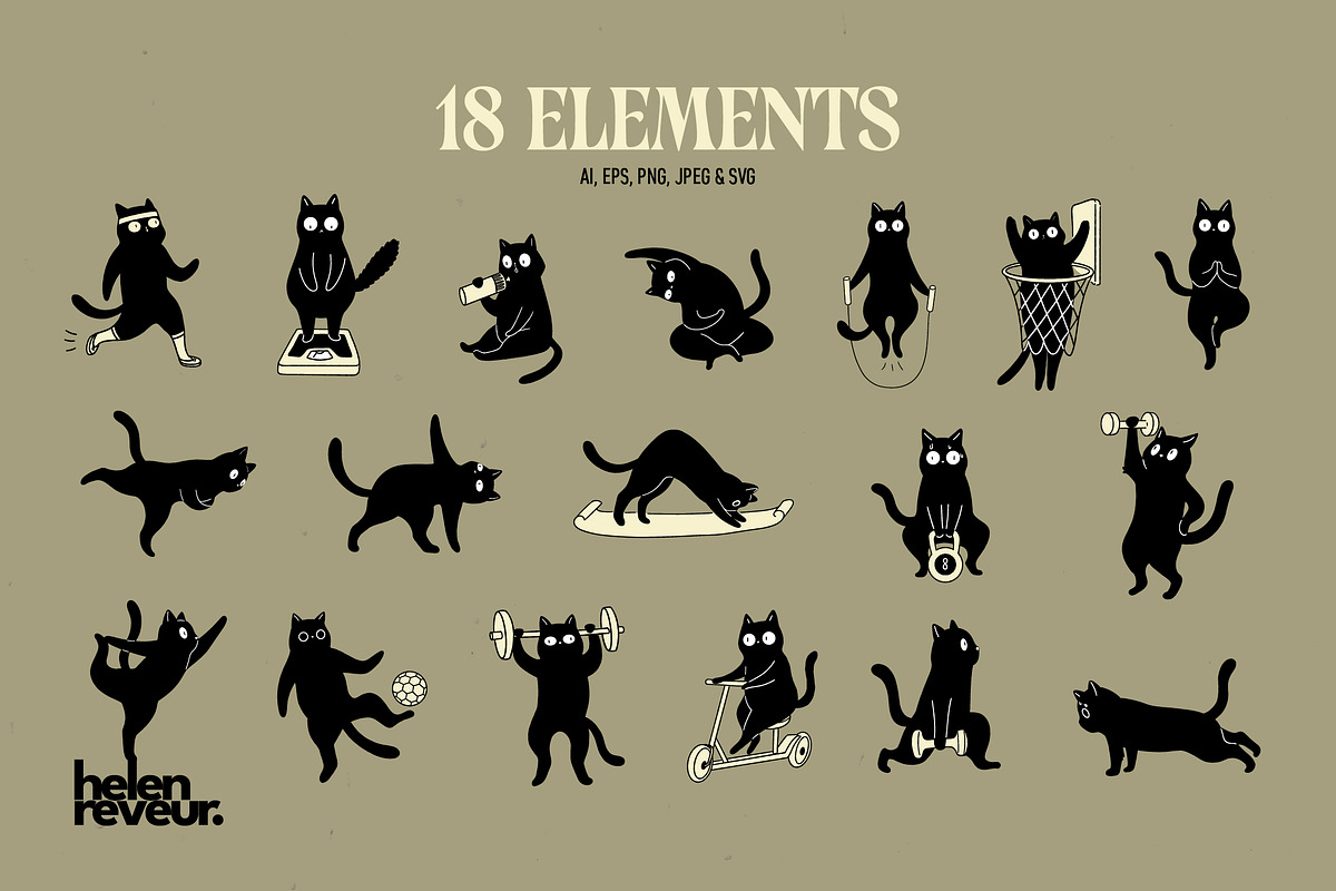 Sport Cats, Playful Vector Set, an Illustration by helenreveur (Photo 2 of 7)