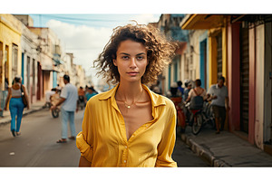 city woman yellow shirt ai generated, a Beauty & Fashion Photo by pikepicture