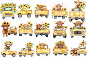 Sunflower Highland Cow Truck Clipart, an Illustration by Watercolor design (Thumbnail 2 of 12)