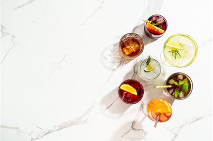 Alcohol cocktail drinks at white