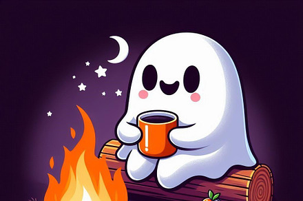 Halloween ghost drinking coffee