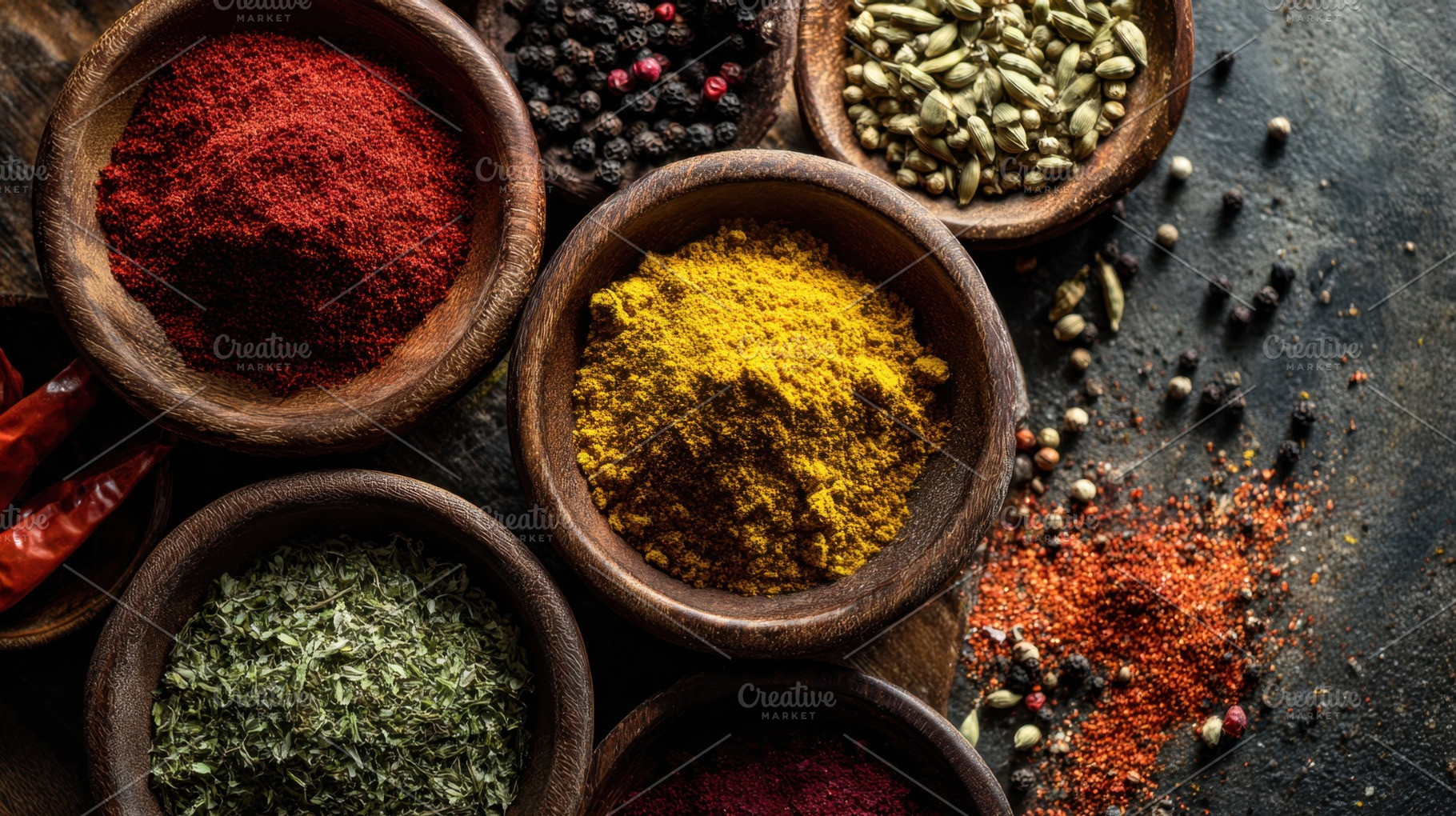 Spices in wooden bowls, a Photo by Beautiful things