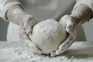 Kneading dough with hands covered in white flour in a bright kitchen setting, a Food & Drink Photo by AlyaAnd