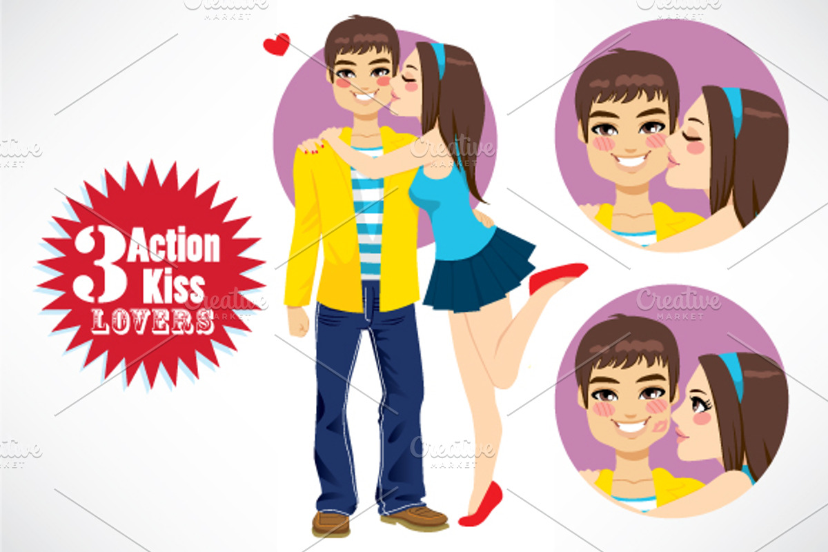 3 Action Couple Young Lovers Kiss, a Person Illustration by Kakigori Studio