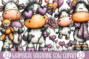 Whimsical Valentine Cow Clipart, an Illustration by Designking