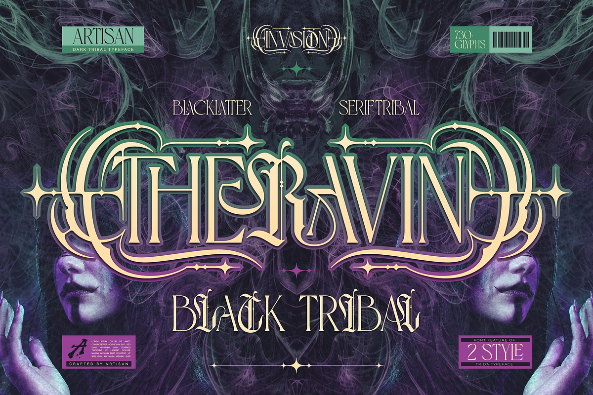 Theravin - Dark Tribal, a Serif Font by Artisan Themes (Photo 1 of 12)