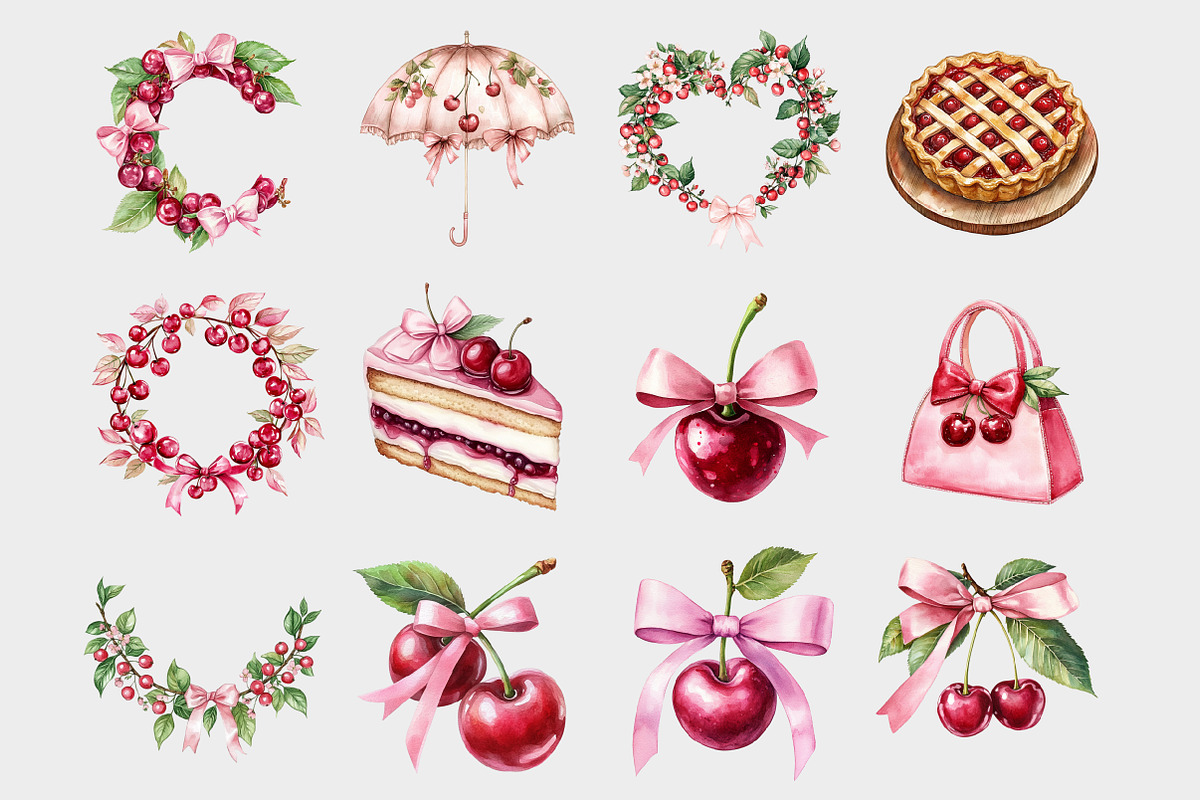 Watercolor Coquette Cherry Clipart, a Seasonal Illustration by Design Market (Photo 2 of 4)