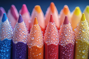 Colorful crayons lined up with dropl, a Photo by Tanuart