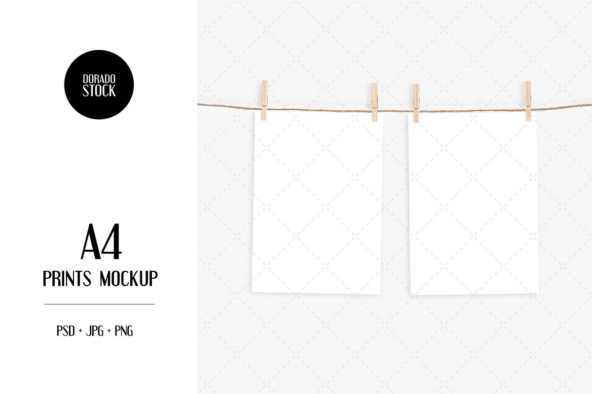 A4 prints mockup with clothespins, a Print Template by Dorado Stock (Photo 1 of 3)