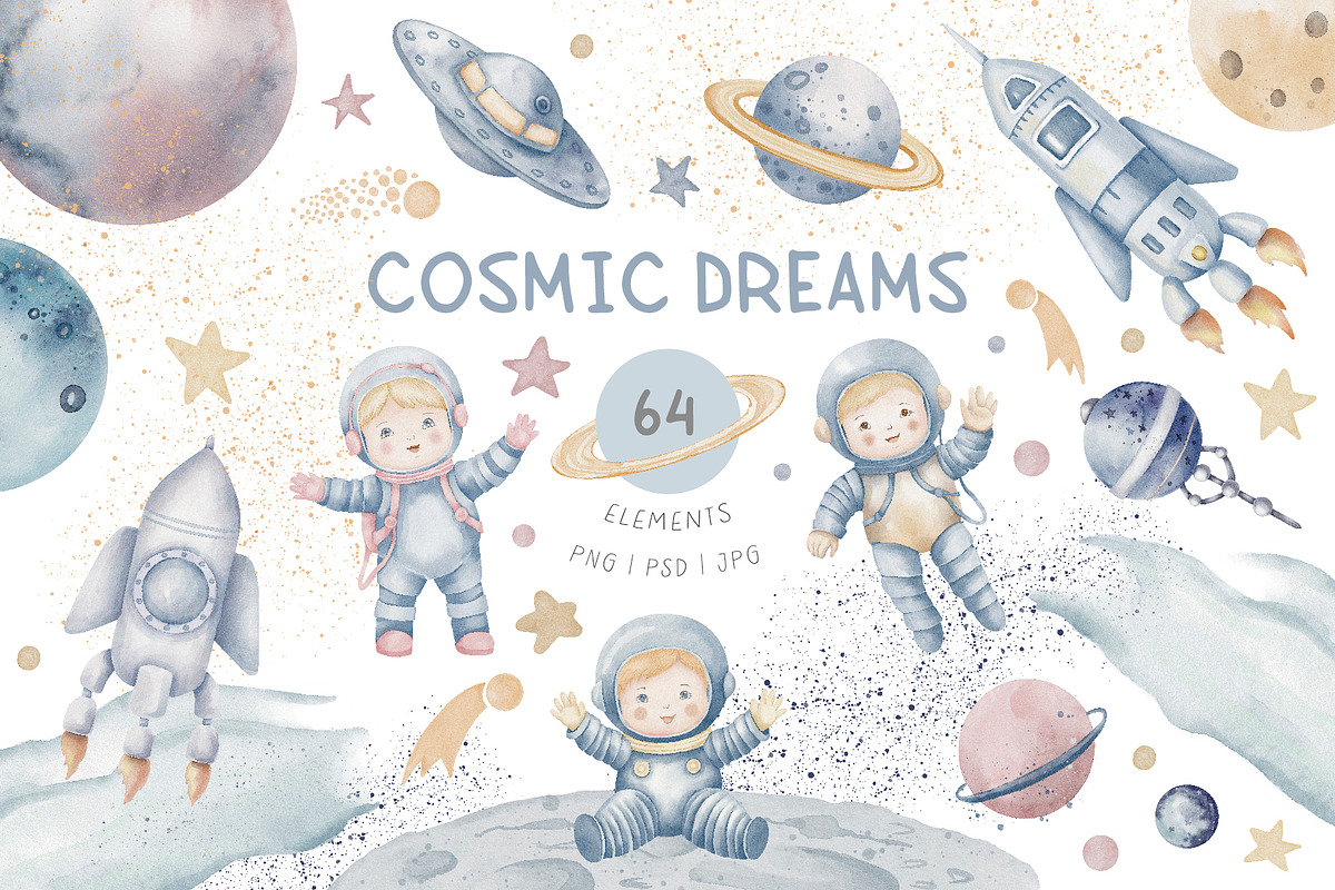 Watercolor Space Pastel Clipart Set, an Illustration by Alisles (Photo 1 of 12)