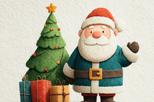Cute cartoon Santa in blue coat standing beside Christmas tree a, a Holiday Photo by José Manuel Gelpi
