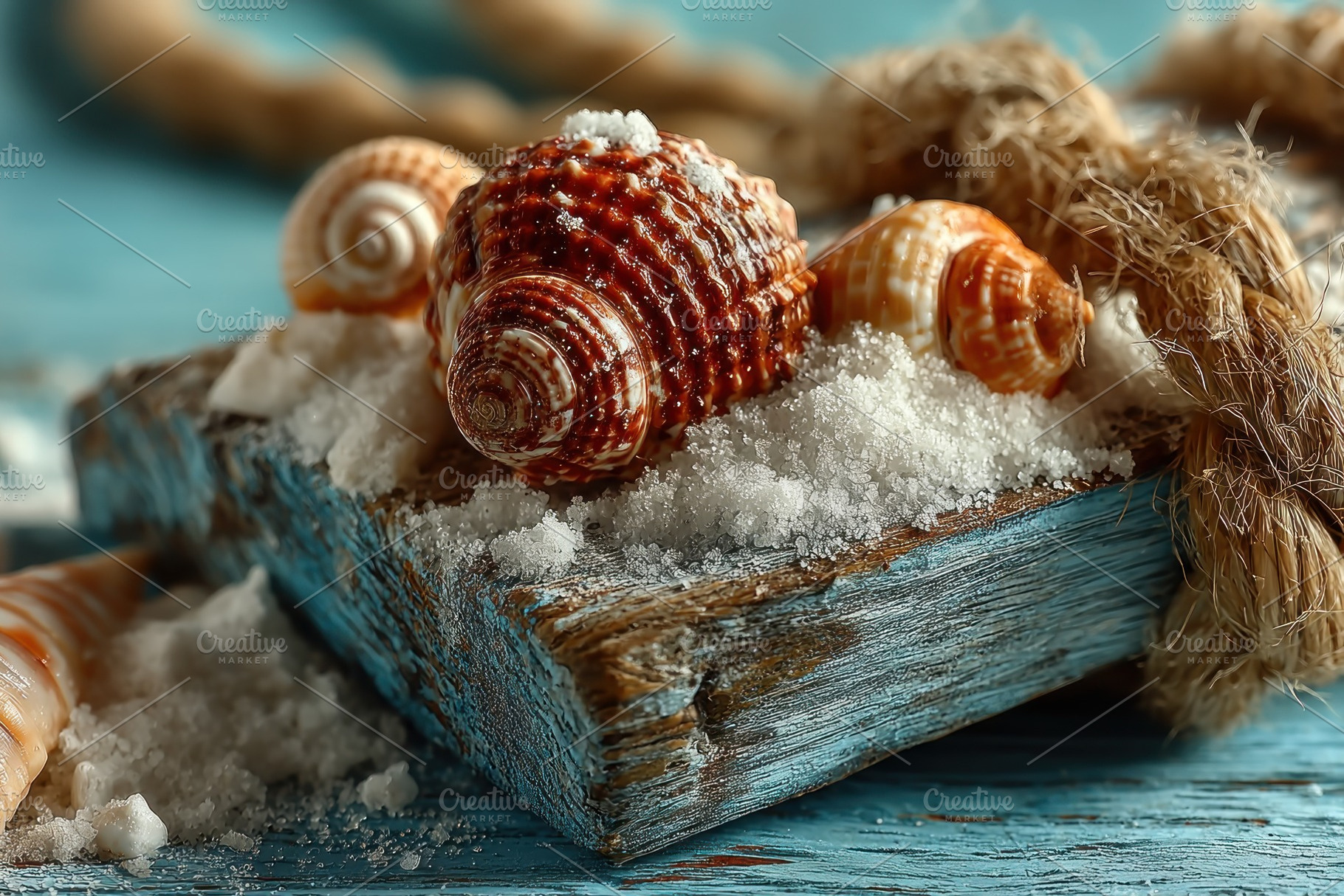 Seashells on weathered wood with sea salt and rope in a coastal, a Holiday Photo by José Manuel Gelpi