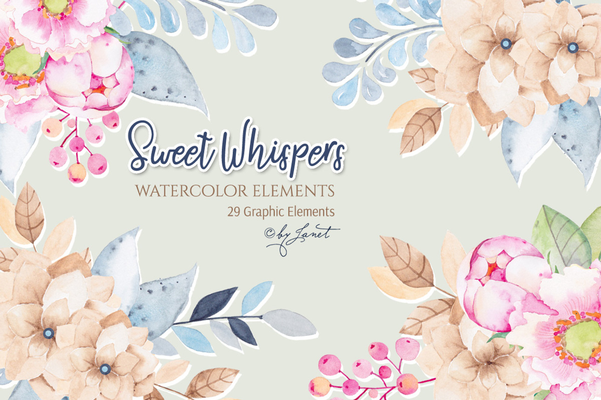 Sweet Whispers - watercolor elements, an Illustration by helloPAPER (Photo 1 of 3)