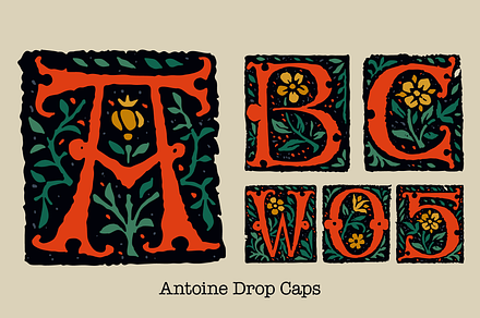 Antoine Medieval drop caps font, a Blackletter Font by kaer_shop