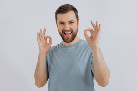 Portrait of a modern bearded middle-aged man in a blue t-shirt s, a Person Photo by Cherkas Photography