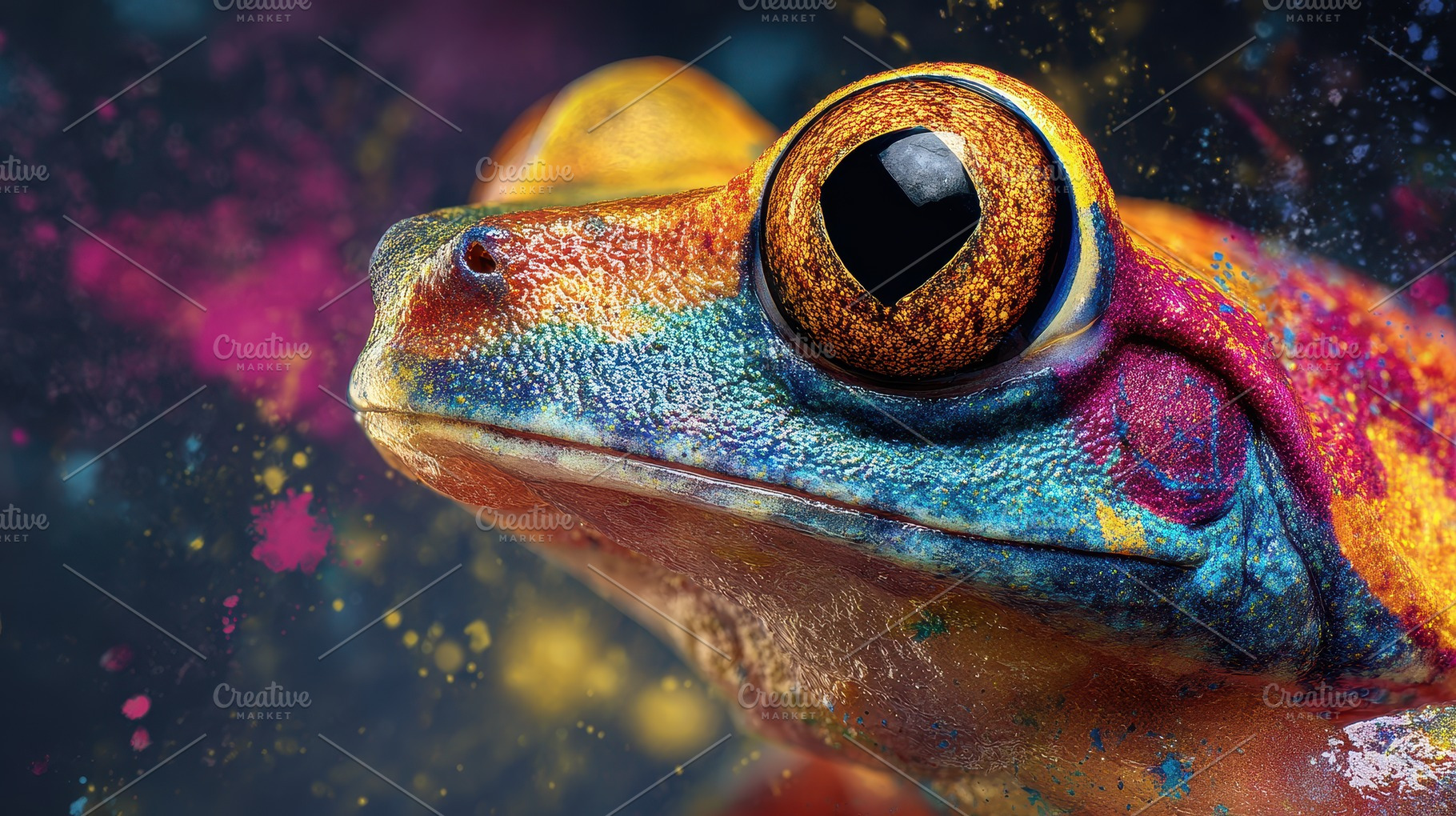Brightly colored frog sits still wit, a Photo by Pavel_design