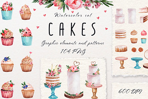 Cakes. Sweet Watercolor Clipart