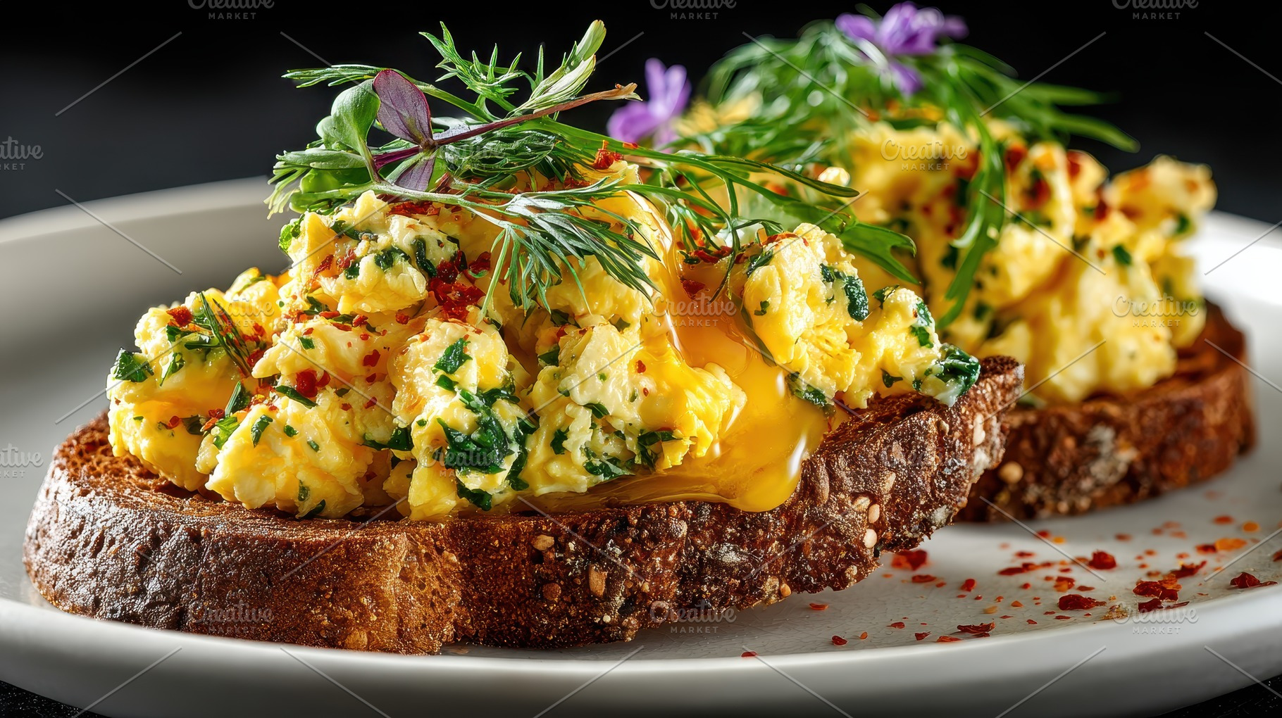Delicious Scrambled Eggs Toast Garni, a Photo by Pixeness Studio